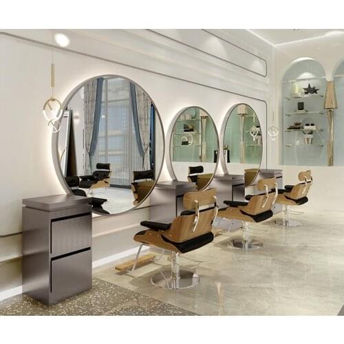 Hairdresser round mirror semicircle mirror minimalist modern LED haircutting mirror stainless steel hanging wall backlit barbers