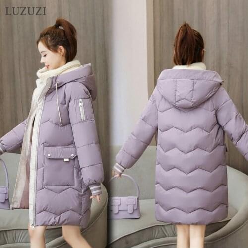 LUZUZI New Winter Hooded Women Parkas Fashion Mid-length Down Cotton Jacket Women 2021 Big Pocket Warm Thick Coat Female outwear