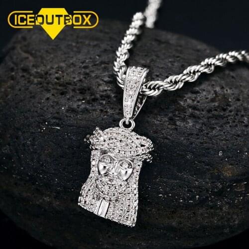 ICEOUTBOX Mini Religious Jesus Head Pendant Necklace Bling Cubic Zircon Women Men Hip Hop Jewelry Christ God Pendant Small Size
