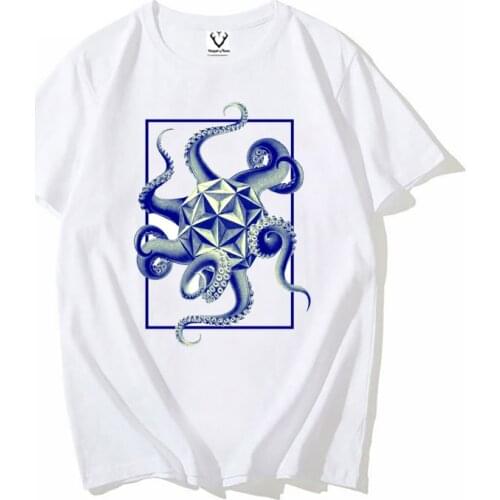 Fashion Clothes Ulzzang Aesthetic Geometric Octopus T Shirt Summer White Tee Cool animal design Retro Style T Shirt Casual Tee