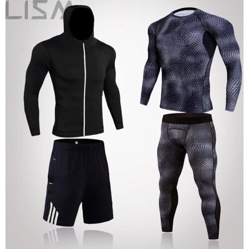 Mens 4-Piece Winter Thermal Sports Underwear MMA Rashguard Suit Tight Track And Field Clothing Compression Fitness Long