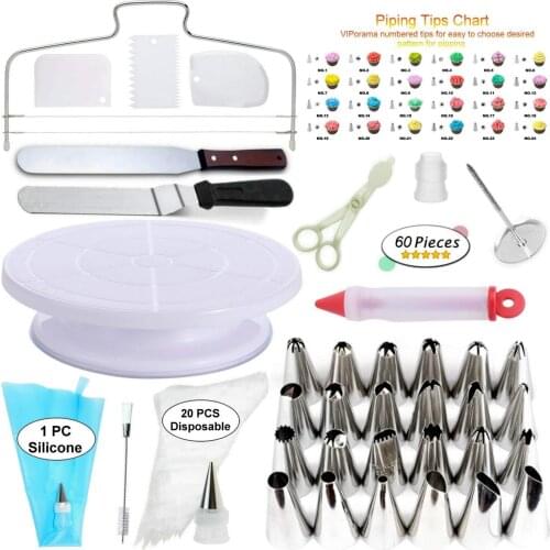 60pcs Professional Cake Decorating Set Stainless Pastry Nozzles Cake Turntable Set Confectionery Bag Baking Tools for Cakes