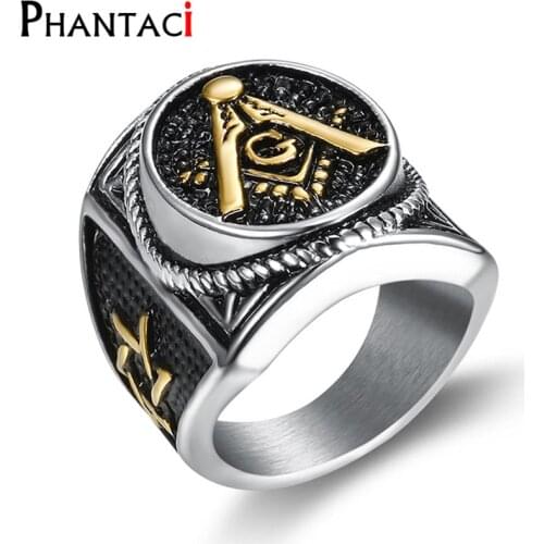 No Fade AG Stainless Steel Rings For Men Mason Freemasonry Retro Mens Ring Vintage Masonic Mens Rings High Quality Anillos