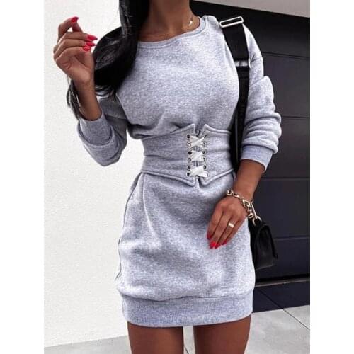 New Fashion Casual Round Neck Tie Corset Corset Long-sleeved Sweater Mini Dress Autumn and Winter Warm Clothes Womens Spring