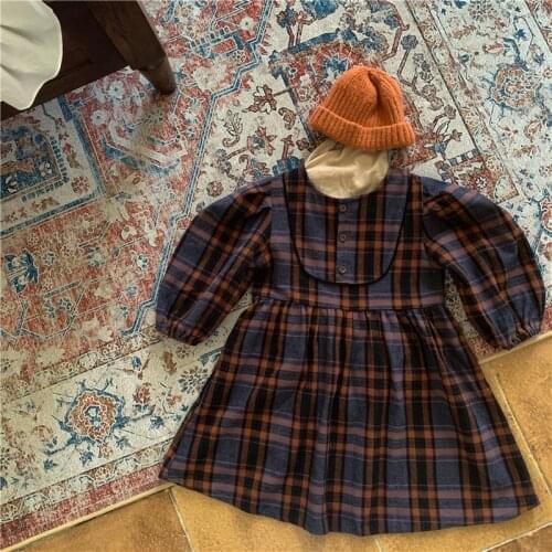 Autumn Winter New Korean Childrens Clothing Girls Brushed Plaid Long-sleeved Dress 2-6T Toddler Girl Princess Cotton Dresses