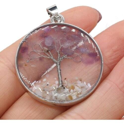 Natural Stone Tree of Life Necklace Pendants Round Reiki Heal Amethysts for Trendy Jewelry Making DIY Necklace Women Gift