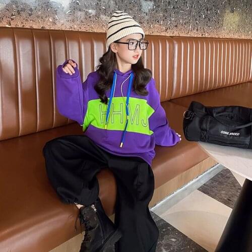 2021 Autumn Girls Fashion Purple Hoodies 8 10 12 14 years Fashion Patchwork Teen Girls Tops