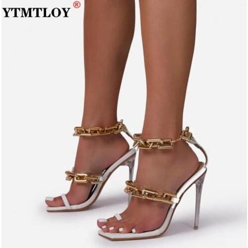 New Fashion Sexy Metal Chain Women Sandals Open Toe Crystal Thin Heel Party Shoes High Black White Orange Peep Toe Casual