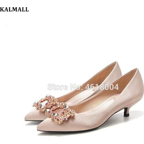 KALMALL Bride Wedding shoes Women Crystal Pumps Pointed Toe Champagne Kitten Heels Dress Party Satin Heels Zapatos Mujer
