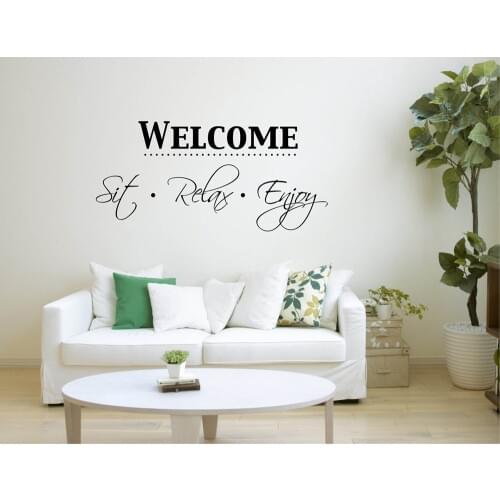 Vinyl Wall Word Decal Welcome Sit Relax Enjoy Wall Stickers Home Decor Living Room Entrance Wall Ornament Decals Shop WindowD772
