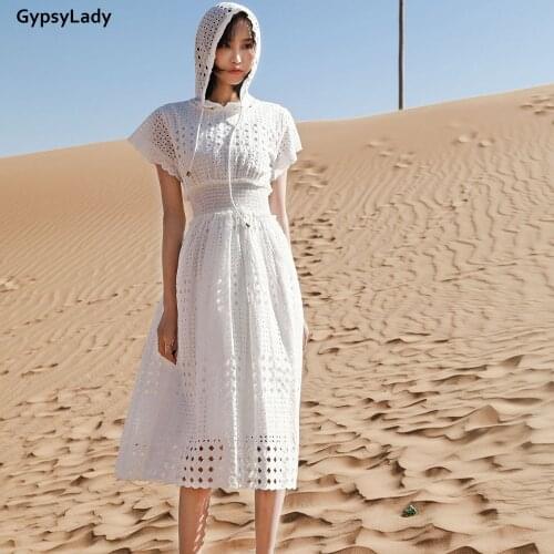GypsyLady Whtie Vintage Midi Dress Hooded Summer Holiday Dresses Flare Sleeve Ruffles Hollow Out Causal Chic Ladies Dress New