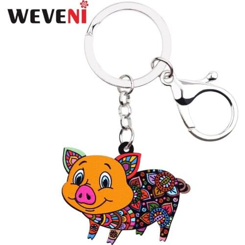 WEVENI Acrylic Farm Collection Pig Piglet piggy Jewelry Key Chain Key Ring Pom Gift For Women Girl Holder Charms Wallet Pendant