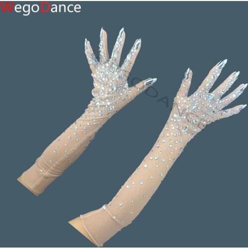Women Sparkling Crystal Perspective Long Gloves Fashion Stretch Rhinestone Nightclub Dancer Singer Stage Accessories