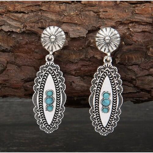 Retro Tibetan Flower Metal Natural Blue Beads Earrings Ethnic Jewelry Female Antique Silver Color Statement Dangle Earring