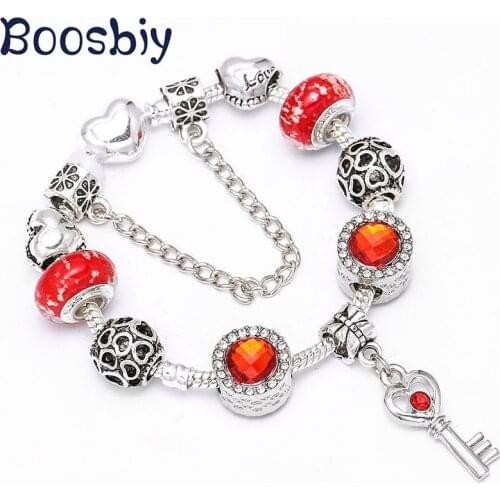 Boosbiy European Style Love Heart Charm Bracelets With Red Key Pendant Fit Fine Bracelet For Women Valentines Day Gift