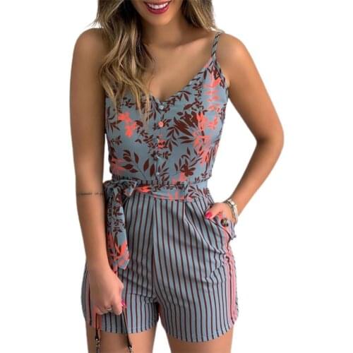 Romper V Neck Backless Female Women Leaf Print Stripe Jumpsuit for Hiking