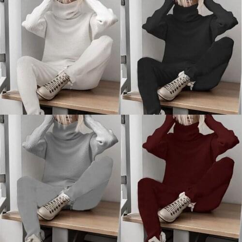 Knitted 2 Pieces Set Women Tracksuit Turtleneck Sweater Korean Jogging Pants Pullover Sweater Sexy Japan Streetwear Work Cotton