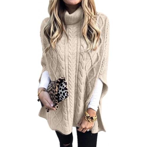 Women Autumn Winte Half Sleever Solid Color Turtle Neck Twist Braid Knitted Shawl Sweater Pullover Fashion Jumper Fashion