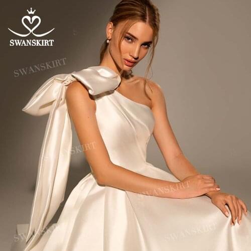 Vintage Bow Satin Wedding Dress 2021 New Fashion One Shoulder A-Line Train Bridal Gown Princess SwanSarah W101 Vestido De Novia
