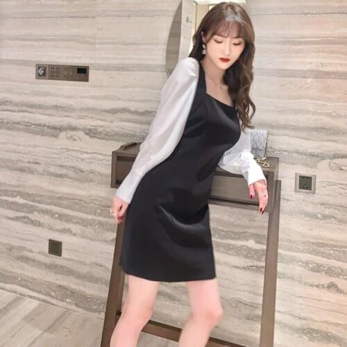 Hepburn Style 2021 Spring and Winter New Arrivals Black Square Neck Fashion Dress for Women Long Sleeve Contrast Office Dresses