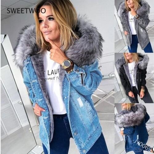Winter Jacket Women Denim Coats Fur Jacket Faux Hooded Jean Thick Long Sleeve Frayed Overcoat Plus Size Outwear Vintage Mujer