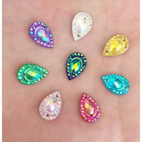 200Pcs 8*12mm AB Resin Drop Flatback Rhinestone 2 Hole Wedding Buttons DIY Craft K93*5