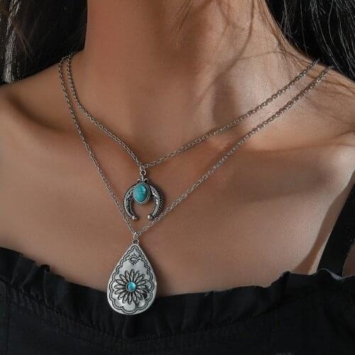 2021 Wholesale Retro Geometric Turquoise Water Drop Carved Necklace Personality Double Pendant Jewelry
