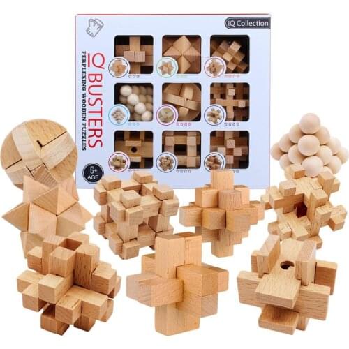 9PCS/Set IQ Wooden Burr Puzzle Educational Brain Teaser Puzzles Game for Adults Children