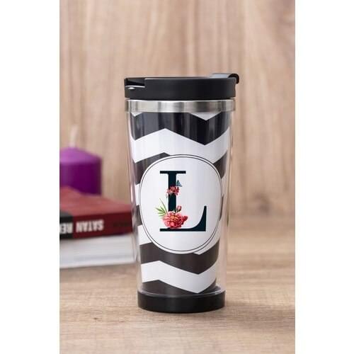 Gift Shop L Letter Flower Design Black Thermos Cup