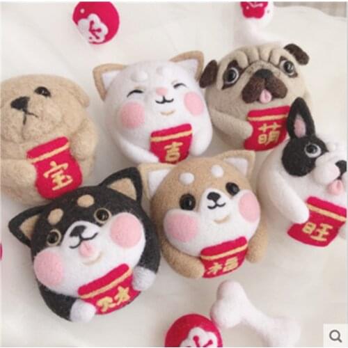 Wooden dog puppy two hachai dog Teddy wool needlepoint kit wool felt needle felting decoration craft needlecraft DIY ha