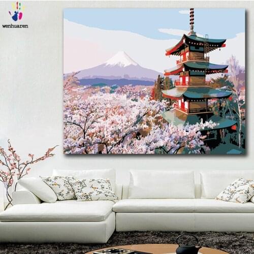 DIY colorings pictures by numbers with colors Peach flower scenery Cherry blossoms picture drawing painting by numbers framed