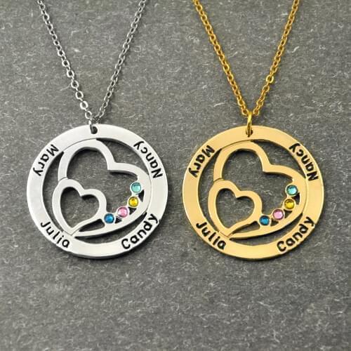 Personalized Name Necklace with Birthstone,Round Custom Family Necklace Double Heart in the Cricle,Gift for Women