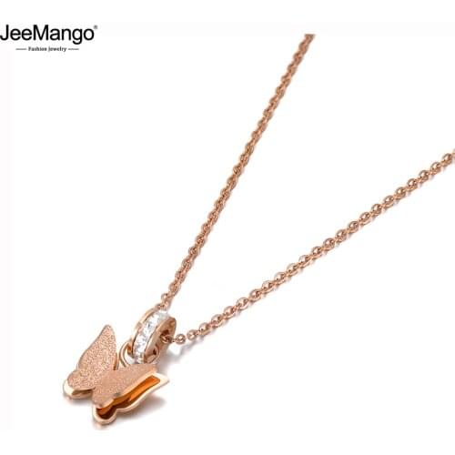 JeeMango Bohemia Stainless Steel Love Butterfly Charm Choker Necklace CZ Crystal Animal Pendant Chain Jewelry For Women JN20031