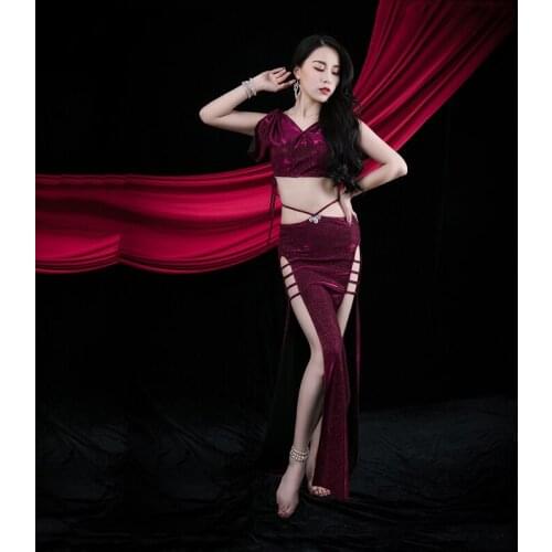 Belly Dance Suit V-neck Sequins Top Split Long Skirt Practice Clothes Set Female Elegant Shirt Performance Training Clothing