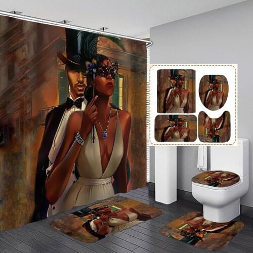 Makeup Party Masked Lover Bathroom Curtains Africa American Shower Curtain Sets Non-Slip Rugs Toilet Lid Cover and Bath Mat