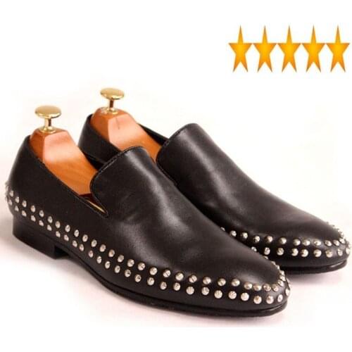 European Handmade Moccasins For Men Luxury Rivet Man Shoes Genuine Leather Slip On Loafers High Quality Black Casual Mens Flats