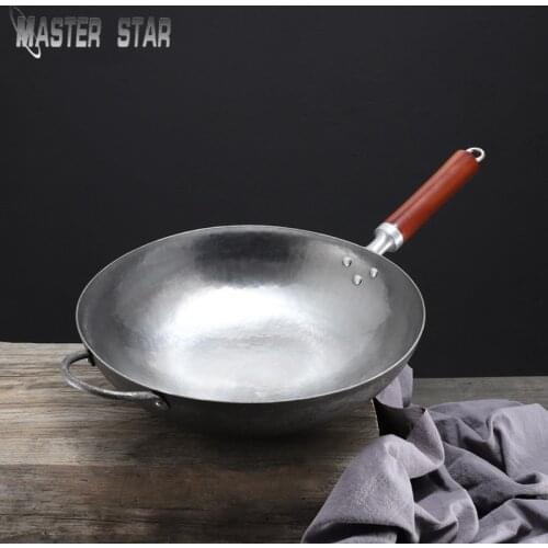 New Design 32/34cm Handmade Iron Wok Mirror Like Surface Black Round Bottom Forged Pot Gas Cooker High Quality Cookware