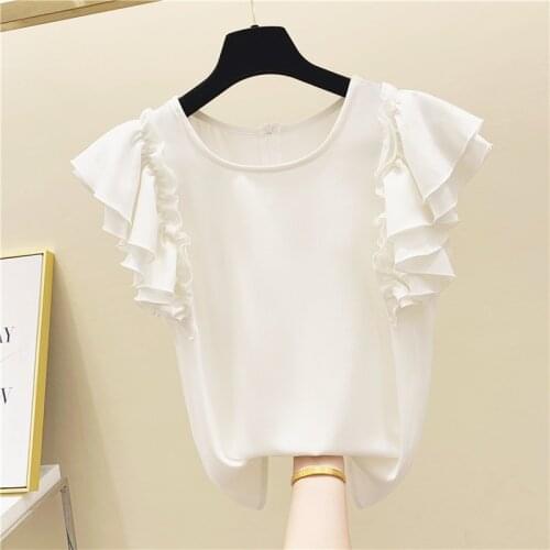 Ruffled Short Sleeves Solid Color Chiffon T-shirt Female Summer Sweet Temperament Shirts Girls Ladies All-match White T Shirt