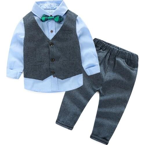 Autumn Spring School Uniform for 7 Years Old Children Clothes Set Vest + Shirt + Pants with Bow Formal Kids Costume Blue