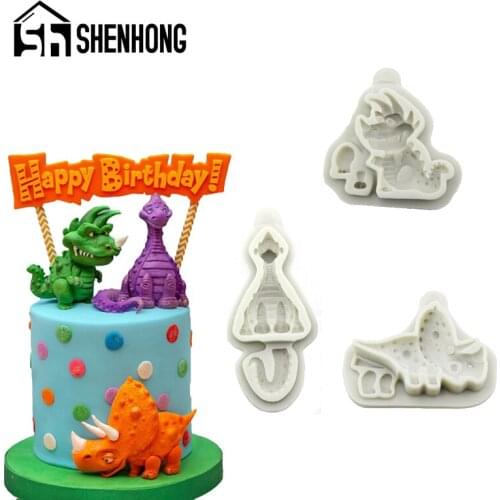 SHENHONG Jurassic Dinosaur Pastes Sugar Craft Silicone Fondant Cake Mold Kids Birthday Party Pastry Decorating Mould Baking Tool