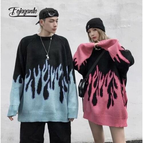 FOJAGANTO 2021 Winter Autumn Streetwear Loose Harajuku Sweater Male Oversize Hip Hop Blue Flame Pullover Casual Mens Sweater