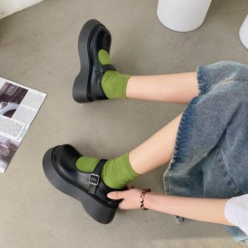 Lolita Shoes Women Mary Janes Shoes Round Toe Flat on Platform Shoes Girls Student Thick Sole Leather Princess Shoes Wihte 9316G