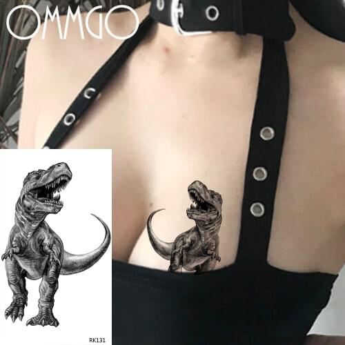 OMMGO Realistic Tyrannosaurus Rex Dinosaur Temporary Tattoos For Kids Men Sticker Forearm Fake Tattoo Tatoos Body Art Arm Black