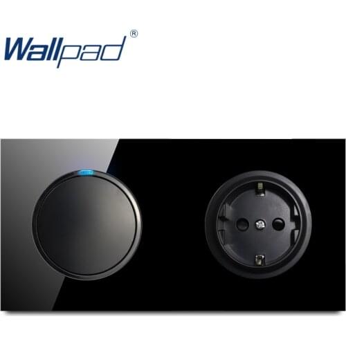 Wallpad 1 Gang 2 Way EU 16A German Socket Crystal Tempered Pure Black Glass Panel Wall Power Socket Outlet Grounded