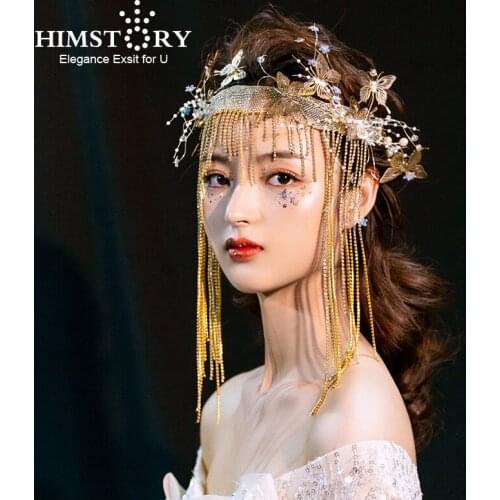 Himstory Vintage Gold Butterfly Tiaras Hairband Crystal Tassel Diadem Handmade Women Hair Jewelry Wedding Accessories