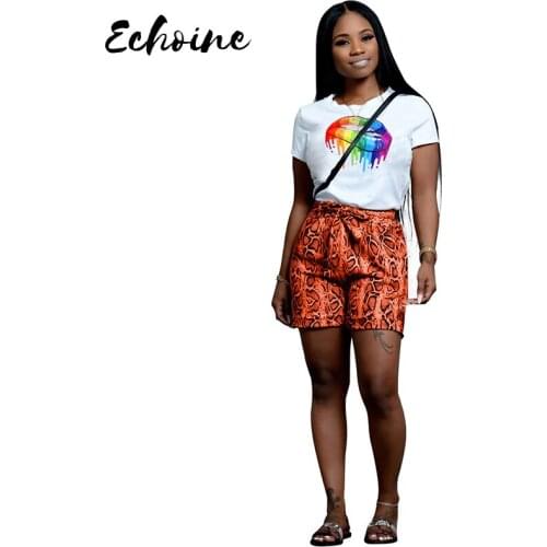 Echoine Women Mouth Print T-Shirts Leopard Print Short Pants 2 Two Piece Set Casual Sporting Tracksuit Outfits Plus Size S-XXL