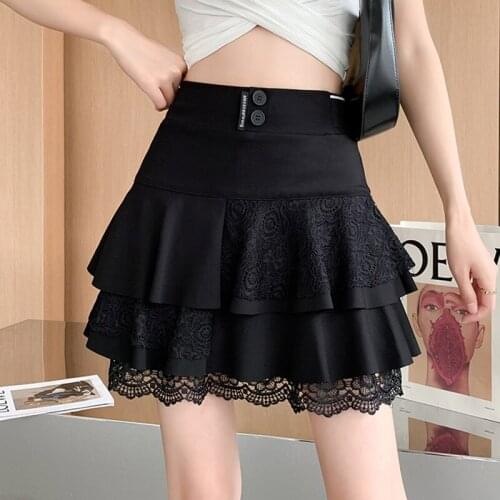 Sexy Lady Pleated High Waist Summer Skirts Gothic Black Girl A-line Mini Skirt Lace Street Button Letter Korean Fashion Clothes
