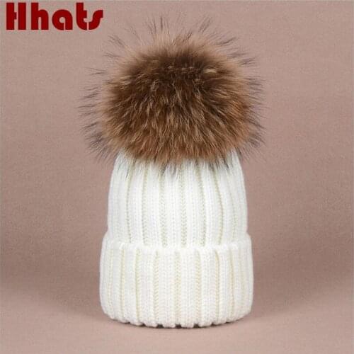 Which in shower real raccoon fur pompom thick warm winter women hat knit bobble female cap with fur pom pom lady fur ball beanie