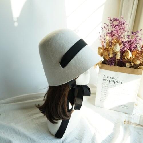 202101-panshi-white wool lolita Frenulum ribbon wool leisure lady bucket cap women fishermen hat