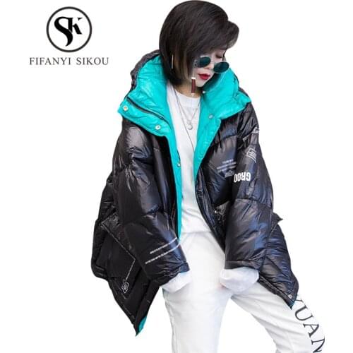 2019 Winter Jacket Women Streetwear Loose Oversized Hooded Coat Thick Warm Parkas Female Fashion Print Casual Cotton Padded Coat